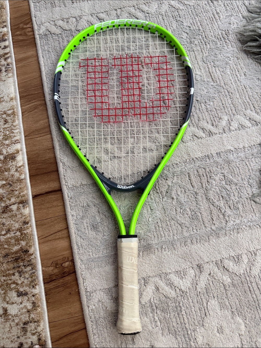 Roger Federer Wilson Neon Green and Black Tennis Racket with Red String Logo